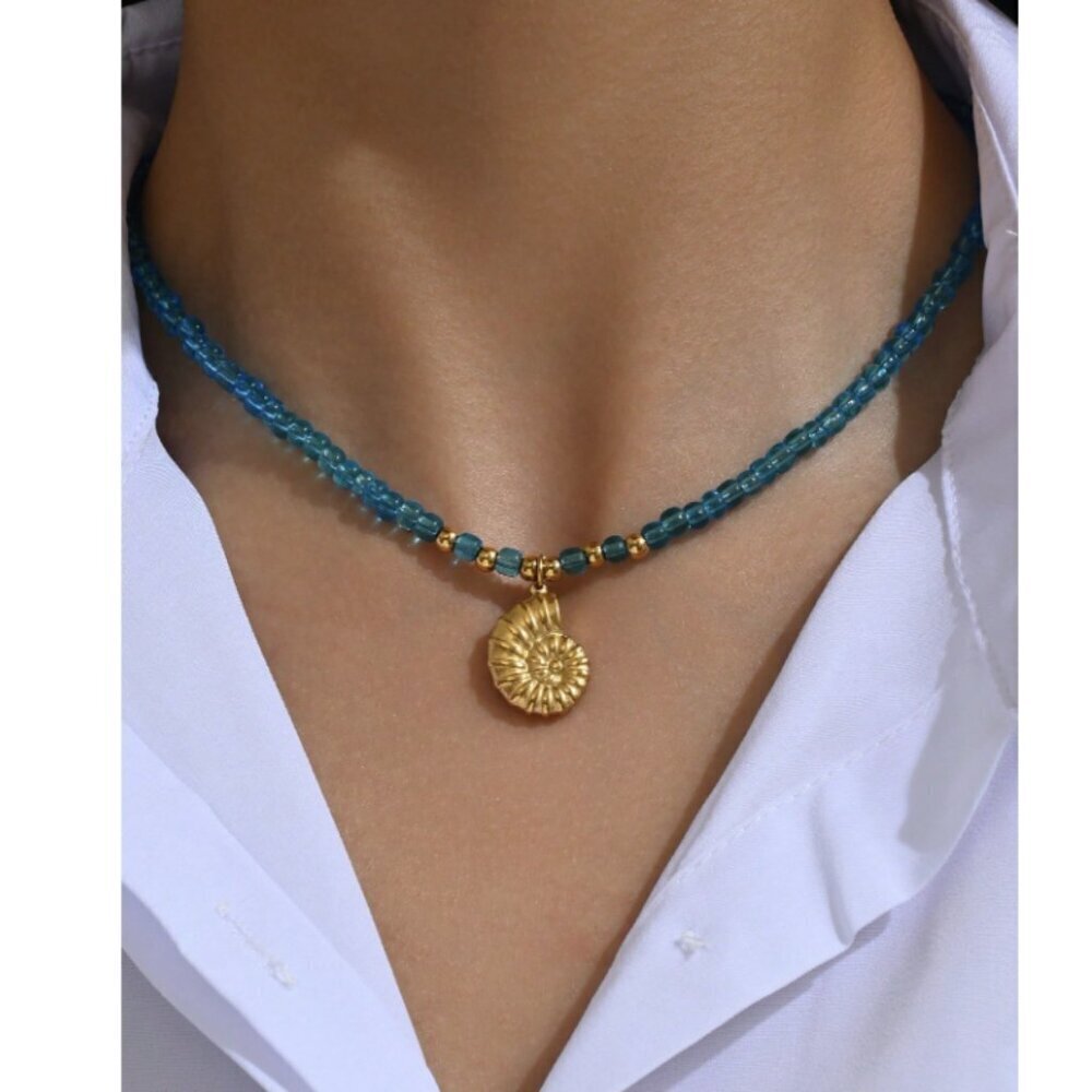 18K Gold over Sterling Silver Sun Pendant with Blue Bead Necklace